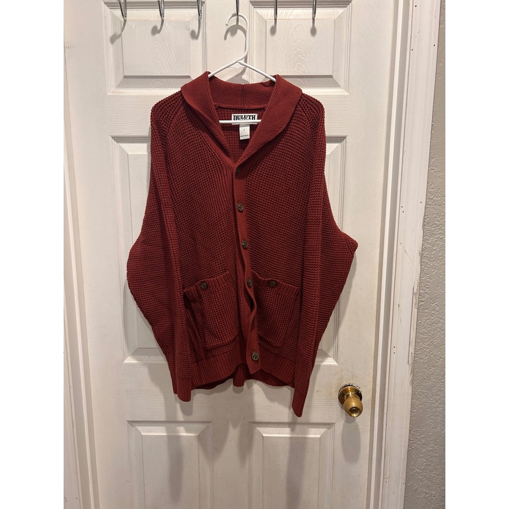 Duluth Mens Large Burly Retirement Rust Red Shawl Collar Waffle Knit Cardigan - Picture 2 of 6
